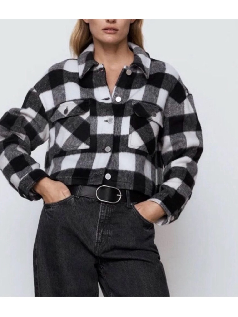 Zara Black and Cream Plaid cropped shacket